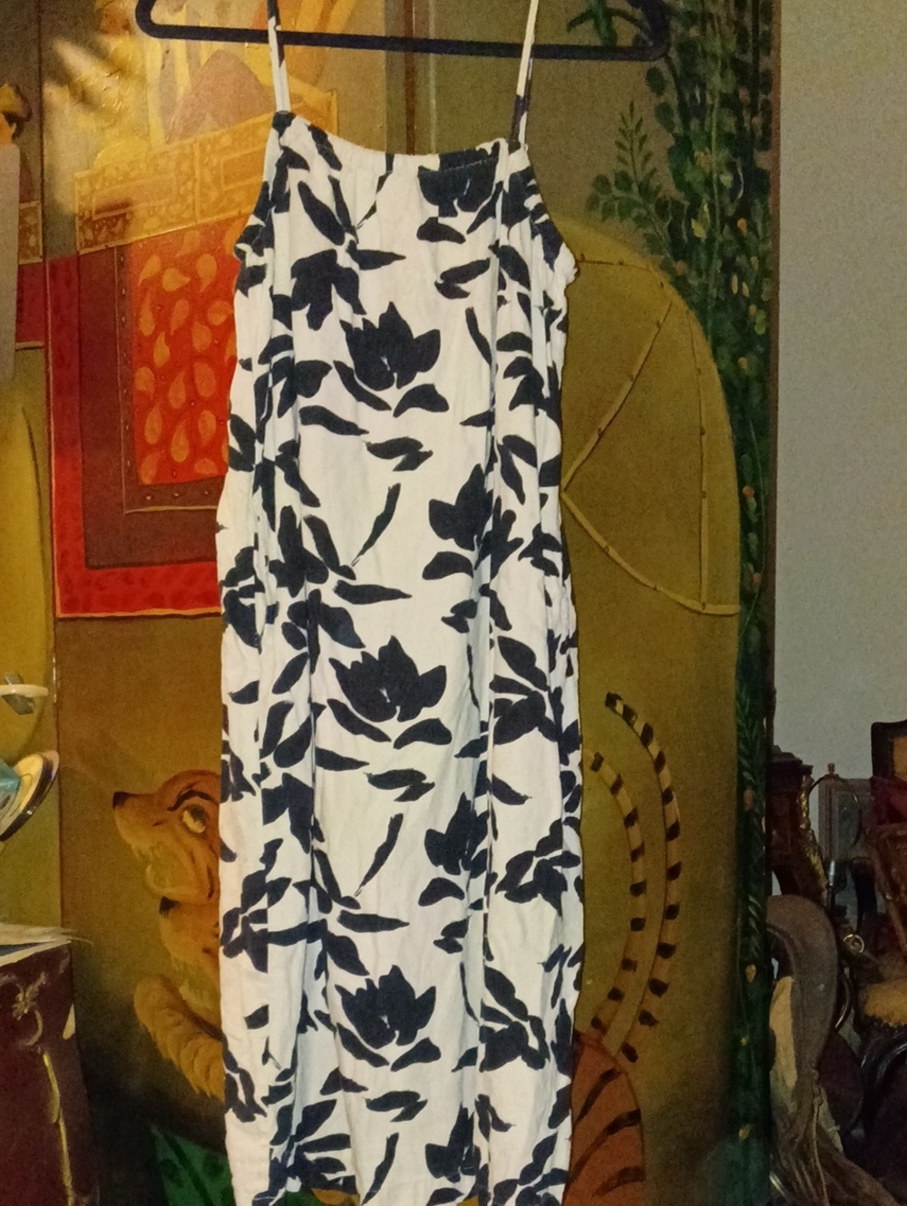 a new day White with Black Floral Print Spaghetti Strapped Moo Moo